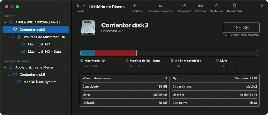 Acesse o Utilitário de Disco no menu Utilitários.
Selecione o disco rígido do Mac.
