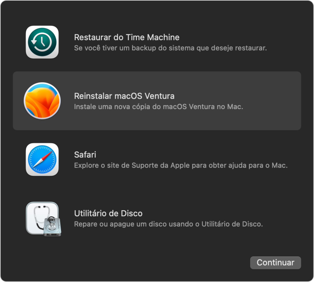 Aguarde o Mac reiniciar e exibir a janela Utilitários do macOS.
Clique em Reinstalar o macOS.
