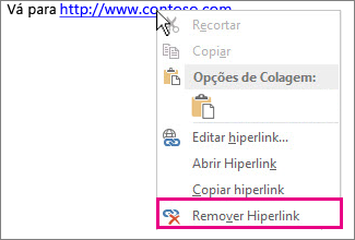 Clique em OK ou Salvar para confirmar o hiperlink.
Para excluir um hiperlink existente, selecione o texto ou imagem que contém o hiperlink.