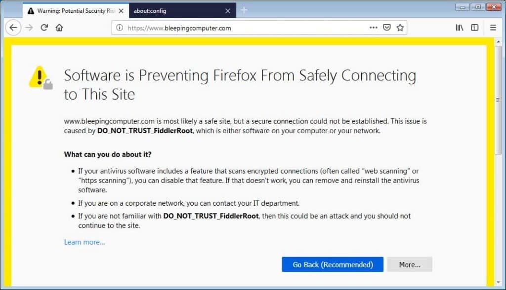Código de erro MOZILLA_PKIX_ERROR_MITM_DETECTED: Esse código de erro surge quando o Firefox detecta um ataque man-in-the-middle (MITM), onde um terceiro intercepta a comunicação entre você e o site, podendo acessar e manipular seus dados.
Código de erro SSL_ERROR_RX_RECORD_TOO_LONG: Esse erro indica que o Firefox recebeu um registro SSL/TLS maior do que o esperado, o que pode indicar uma tentativa de ataque ou uma configuração incorreta do servidor.
