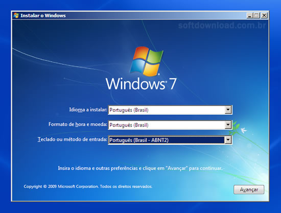 Inicialize a partir do disco de instalação do Windows 7.
Selecione o idioma e as configurações de teclado e clique em Avançar.