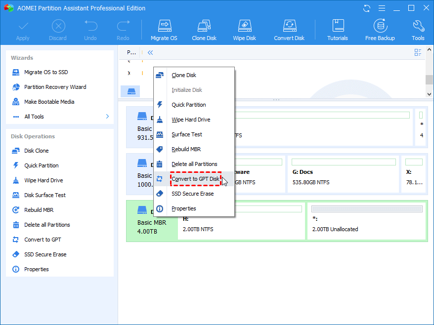 Instale o AOMEI Partition Assistant em seu computador.
Abra o programa e localize a partição GPT que deseja converter.