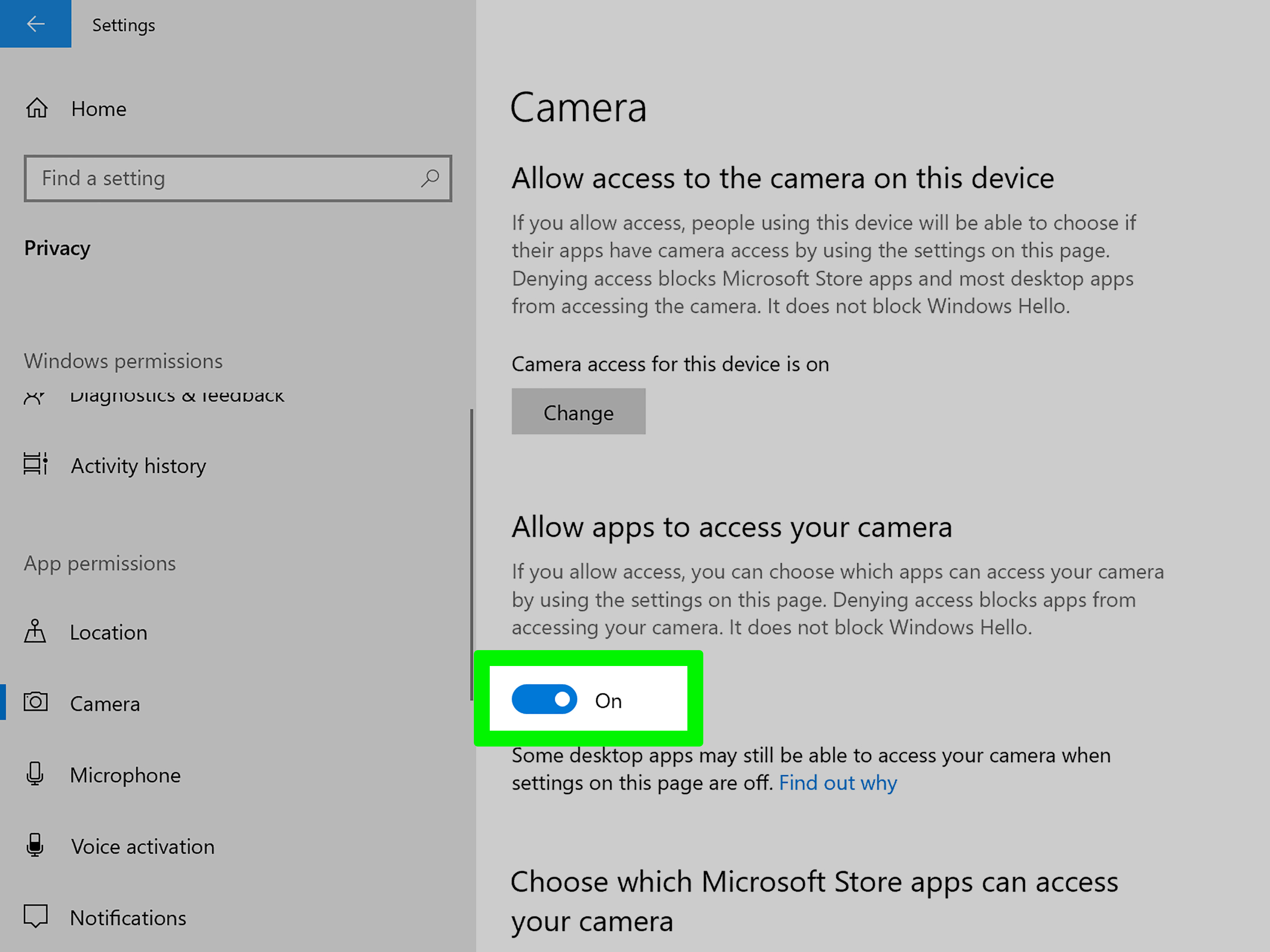 Passo 3: Clique em Câmera no menu lateral.
Passo 4: Verifique se a opção Permitir que os aplicativos acessem sua câmera está ativada.